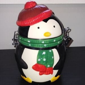 Penguin Cookie Jar with Red and Green Accents
